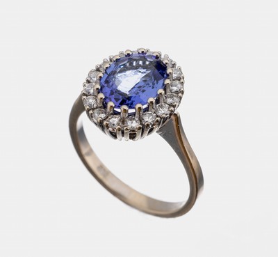 14 kt Gold Tansanit-Brillant-Ring, WG 585/000, ovalfacett. Tansanit ca. 2.52 ct, schöne Farbe, Brillanten zus. ca. 0.60 ct Weiß/vs-si, RW 56, ca. ...