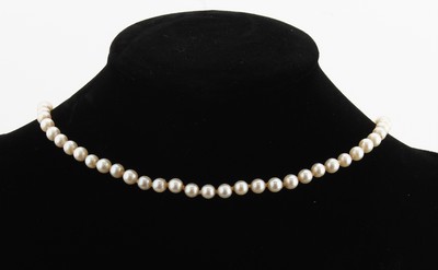 Perl-Collier mit 18 kt Gold Rubine-Brillant- Schließe, WG 750/000, Orientperlen, D. ca. 4-4.5 mm, 2 rundfacett. Rubine zus. ca. 0.20 ct, 3 ...