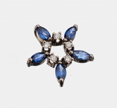 18 kt Gold Saphir-Brillant-Anhänger, WG 750/000, 5 Saphir-Navettes zus. ca. 0.30 ct, 5 Brillanten zus. ca. 0.12 ct feines Weiß-Weiß/vs-si, ca. ...