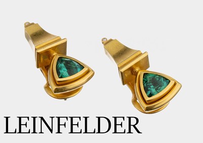 Paar 18 kt Gold Turmalin-Ohrstecker, GG 750/000, Meistermarke LEINFELDER München, 2 facett. paraibafarbene Turmalin-Triangeln zus. ca. 3.60 ct, 2 ...