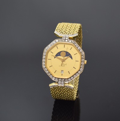 RUDOLF & RUDOLF ausgefallene, astronomische Armbanduhr in GG 750/000 mit Diamanten, Schweiz / Deutschland um 1980, quarz, octagonales Geh. wie ...