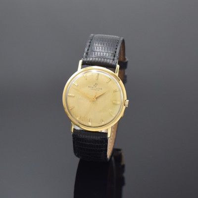 BREITLING Herrenarmbanduhr in GG 750/000 Referenz 3306, Schweiz um 1964, Boden mit Widmungsgravur aufgedr., guill. u. verg. Bl. mit aufges. ...