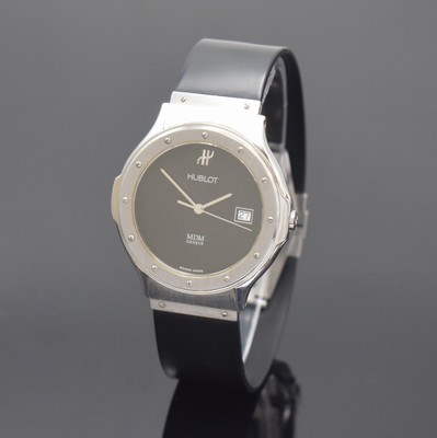 HUBLOT MDM Herrenarmbanduhr Referenz 1521.1, Schweiz um 1992, quarz, Edelstahlgeh. inkl. Kautschukband m. dopp. Faltschl., Boden 6-fach verschr., ...