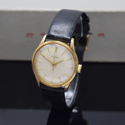 ETERNA Herrenarmbanduhr in GG 585/000, Handaufzug, Schweiz um 1960, Boden m. Widmungsgravur verschr., orig. Lederband m. verg. orig. Dornschl., silb. ...