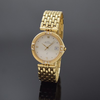 PRIOSA Armbanduhr in GG 585/000 mit Diamanten, Schweiz um 1975, quarz, Goldband, Boden gedr., Lünette m. 4 Diamanten bes., cremefarb. Zifferbl. m. ...