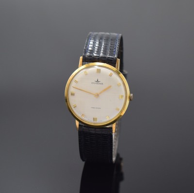 DUGENA Precision Armbanduhr in GG 585/000, Schweiz um 1970, Handaufzug, Glasrand aufgedr., silb. Zifferbl. m. gold. Std.-Ind., gold. Zeiger, sign ...