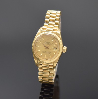 ROLEX Damenarmbanduhr Oyster Perpetual Datejust in GG 750/000 Referenz 6917, Chronometer der Superlative, Präsidentband m. Faltschl., Boden u. Krone ...