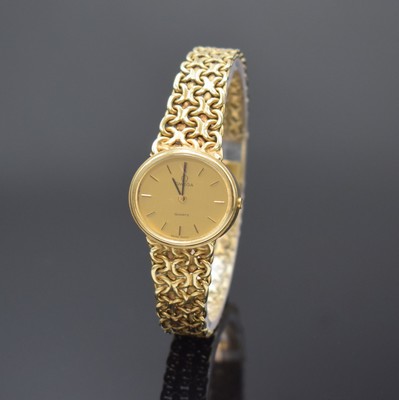 OMEGA Damenarmbanduhr in GG 585/000 Referenz 591.0022, Schweiz um 1975, quarz, orig. Goldband, Boden aufgedr., gold. Zifferbl. m. aufgel. Std.-Ind., ...