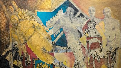 Enrique Lopez, Ohne Titel, Mischtechnik auf Lwd, Tusche und Öl, rechts unten sign., ca. 87x155cm, Rahmen mit Schattenfuge