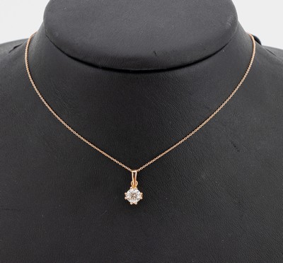 14 kt Gold Brillant-Anhänger, RoseG 585/000mit Kette, L ca. 40 cm, Federringschließe, 1 Brillant ca. 0.62 ct feines Weiß (G)/si 1, lt. AIG ...