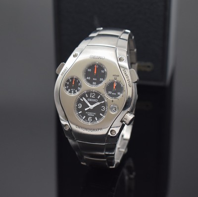 SEIKO Kinetic SPORTURA Herrenarmbanduhr mit Chronograph Referenz 9T82-0A50, Japan 1990er Jahre, Automatik-Generatorprinzip, massiv Edelstahlgeh. ...