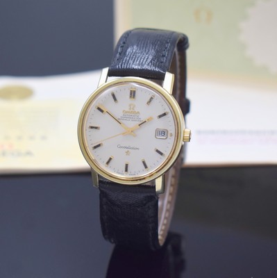 OMEGA Constellation Herrenarmbanduhr Chronometer Referenz 168.018, Schweiz verk. lt. beil. Pap. 1968, Geh. m. Goldhaube, Stahlboden m. Darst. ...