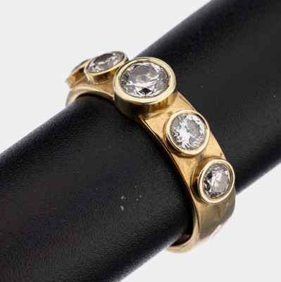 14 kt Gold Brillant-Ring, GG 585/000, 5 einzeln gefasste Brillanten zus. ca. 1.0 ct feines Weiß-Weiß/vs-si, RW 52, ca. 5.4 g, Verkleinerungsbeeren