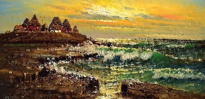 Gerhard Lukas-Larsen, 1911 Swinemünde-1965, Abendstimmung über der Brandung, links im Hintergrund ein Dorf, Öl/Lwd, rechts unten sign., ca. ...