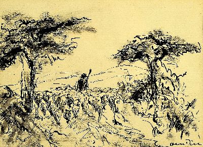 Otto Dill, 1884 Neustadt a.d.Weinstr.-1957 Bad Dürkheim, Schäfer mit seiner Herde, Tuschfederzeichnung, rechts unten sign., ca. 16x22cm, PP, u.Gl., ...