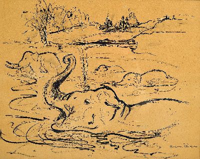 Otto Dill, 1884 Neustadt a.d.Weinstr.-1957 Bad Dürkheim, Badende Elefanten, Tuschezeichnung, rechts unten sign., ca. 23x29cm, gebräunt, u.Gl., R. ...