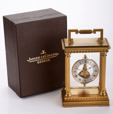Jaeger-LeCoultre feine Tischührchen mit Stabwerk, verg. Messinggeh. zweiseitig vergl., teilw. pol., teilw. matt., silb. Ringzifferblatt m. röm. ...