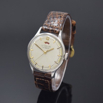 Jaeger-LeCoultre Armbanduhr mit Gangreserveanzeige in Stahl, Schweiz um 1945, Hammerautomatik, 2-tlg. Geh., Boden aufgedr., Zifferbl. rest., gold. ...