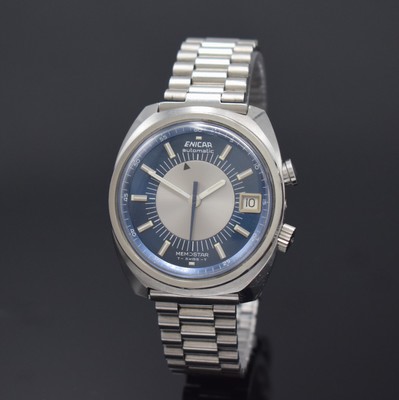 ENICAR Memostar Armbandwecker in Stahl Referenz 298-01-01, Schweiz um 1970, Automatik, verschr. Geh., Boden verkr., neutrales Stahlband, blaues ...