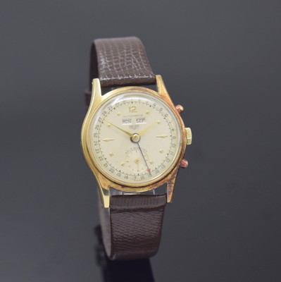 HEUER Automatic seltene Armbanduhr mit Vollkalender in GG 585/000, Schweiz um 1950, Hammerautomatik, 2-tlg. Geh., Boden verschr.,seitl. Korrekturdr. ...