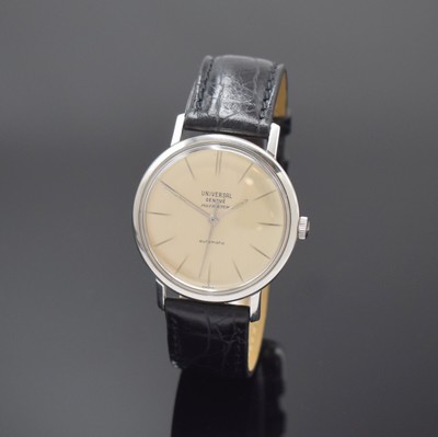 UNIVERSAL GENEVE Polerouter Armbanduhr in Stahl, Schweiz um 1965, Automatik, flaches Geh. ohne Nummer, Boden verschr., orig. Krone, silb. Zifferbl. ...