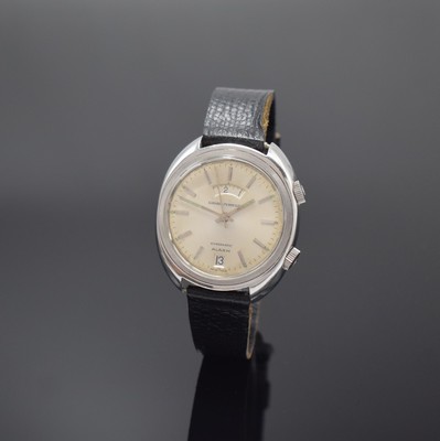 GIRARD PERREGAUX Gyromatic Alarm Armbandwecker in Stahl, Schweiz um 1970, Automatik, verschr. Geh., orig. Kronen, silb. Zifferbl. pat., silb. Indizes ...