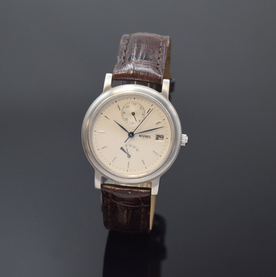 NIVREL Armbanduhr mit Gangreserveanzeige und 2. Zeitzone, Schweiz um 1995, Automatik, beids. vergl. Geh., Boden u. Krone verschr., silb. ...
