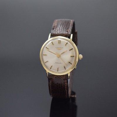 LONGINES Armbanduhr in GG 585/000, Schweiz / USA um 1960, Automatik, amerikanisches Monocogue-Geh., silb. orig. Zifferbl. m. aufgel. Indizes ...