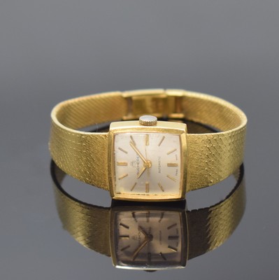 BUCHERER Damenarmbanduhr in GG 750/000 Referenz 1004, Automatik, Schweiz um 1970, 2-teil. Geh., Boden aufgedr., Milanaiseband, silb. Zifferbl. m. ...