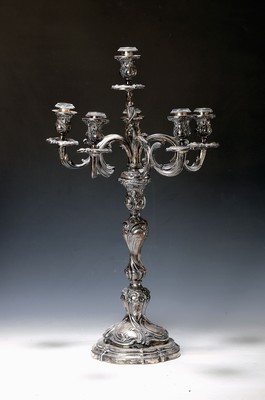 Großer Prunkleuchter/Kandelaber bzw. Verwandlungsleuchter, Gebrüder Friedländer, um 1900, 800er Silber, Rokokostil, leicht gedrehte Form, mit ...