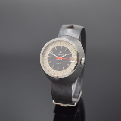 ALPINA Futura seltene Armbanduhr in Stahl, Automatik, Schweiz um 1970, sog. Drivers Watch, orig. Lederband m. orig. Dornschl., Boden verschr., orig. ...