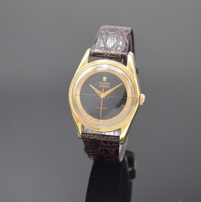 UNIVERSAL GENEVE Herrenarmbanduhr Polerouter mit Hammerautomatik, Schweiz um 1950, Edelstahlgeh. mit Goldhaube, schwarzes shiny Dial mit Fadenkreuz ...
