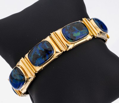 14 kt Gold Chrysokoll-Armband, GG 585/000, 7 rechteckige Glieder mit jeweils 1 ovalen Chrysokoll-Cabochon, L. ca. 17 cm, Kastenschloss mit ...