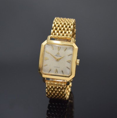 ALPINA Armbanduhr in GG 750/000 mit Hammerautomatik, Schweiz um 1955, 2-teil. Geh., GG 750/000 Band, aufgedr. Boden m. Widmungsgravur, silb. ...