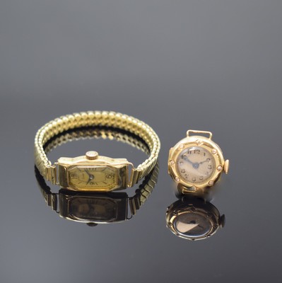 GERSI Damenarmbanduhr und eine offene Damentaschenuhr mit Diamanten in GG 585/000,Schweiz um 1930, Handaufzug, 1) Gersi Armbanduhr mit Flexband in GG ...