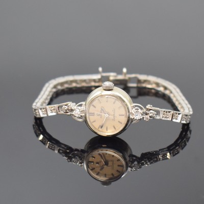 OMEGA Damenarmbanduhr Ladymatic in WG 585/000 mit Diamanten, Schweiz für den US-Markt um 1957, Automatik, neutr. WG 585/000 Band m. Diamanten, Boden ...