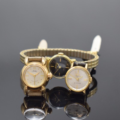 Konvolut: 3 MIDO Damenarmbanduhren, Schweiz um 1960, alle Automatik, 2 x in GG 585/000, 1 x verg., 2 x Modell Powerwind im Monocoque- Geh., 1 x ...
