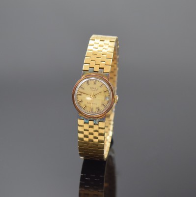 ROXY Damenarmbanduhr in GG 750/000, Schweiz um 1970, Automatik, 2-teil. Geh. inkl. Gliederband, Boden aufgedr., gold. Zifferbl. m. aufgel. Indizes ...