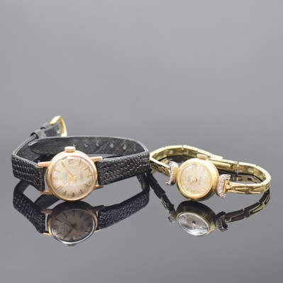 Konvolut 2 Damenarmbanduhr in GG und RG 585/000, Schweiz um 1960, 1 x ALMA, Handaufzug, Boden aufgedr., inkl. Gliederband, Bandanst. m. Diamanten ...