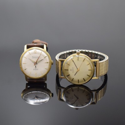 Konvolut 2 Armbanduhren in GG 585/000 Schweiz um 1970, Automatik/Handaufzug, 2-tlg. Geh., Böden aufgedr., 1) TISSOT, Widmungsgrav. auf Boden, gold. ...