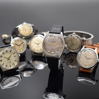 TISSOT PR516 und 6 weitere Automatik Armbanduhren, Schweiz ca. 1940 - 1970, 1) Tissot PR516, verschr. Stahlgeh., silb. Zifferbl., vern. Werk Kal. ...