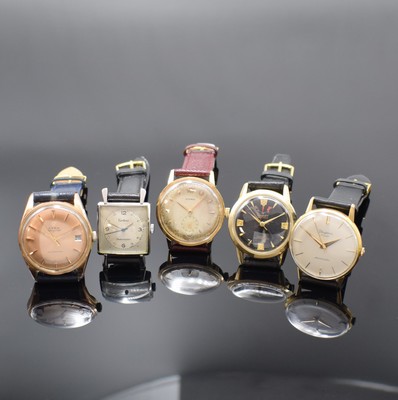 Konvolut 5 vergoldete Armbanduhren, Schweiz ca. 1950 - 1965, Automatik/Handaufzug, 1) DUGENA Super Automatic, Stahlboden aufgedr., rotgold. ...