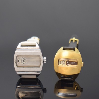 2 Damenarmbanduhren mit Digitalanzeige, Schweiz/Deutschland um 1975, Automatik/ Handaufzug, 2-tlg. Geh., aufgedr. Stahlböden, 1 x GRUEN Autowind, ...