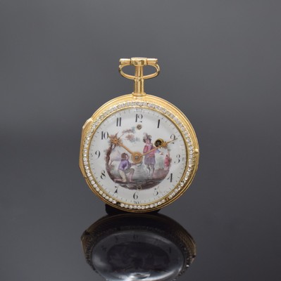 MORICAND & Comp. Email-Spindeltaschenuhr, Schweiz um 1790, verg. Geh. m. Außenscharnier, rücks. auf blauem Grund Figurale Szene rest., ...