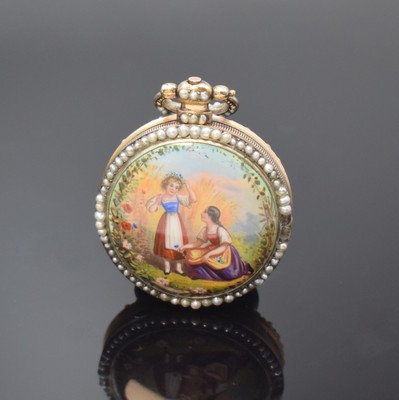 EDOUARD JUVET, Fleurier Email-Taschenuhr mit springender Zentralsekunde in Silber, Schweiz um 1850, Schlüsselaufzug, verg. Geh., rücks. Emailbild ...