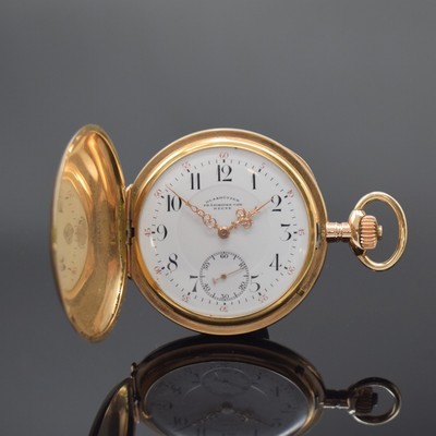 RECTE Deutsche Präzisions-Uhr Glashütte Sa Herrensavonette in RG 585/000, Deutschland um 1910, glattes 3-Deckel Goldgeh., Emailzifferbl. m. roter ...