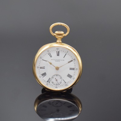 PATEK PHILIPPE & Cie offene Damentaschenuhr in GG 750/000, Schweiz um 1900, glattes 2- Deckel Goldgeh., rücks. Adels-Monogramm, Cuvette m. ...