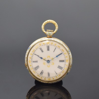 MOULINIÉ ainé & Cie Geneve Email Damentaschenuhr in GG 750/000, Schweiz um 1840, Schlüsselaufzug, aufwendig polychrom emailliertes Geh. l. besch., ...