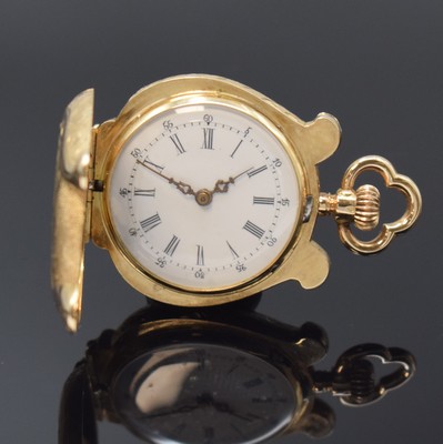 Savonette Damentaschenuhr in Lyra-Form RG 585/000, Schweiz um 1880, fein grav. 3- Deckel Goldgeh., Emailzifferbl., röm. Std.- Zahlen, arab. ...