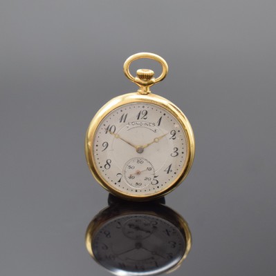 LONGINES offene Damentaschenuhr in GG 750/000, Schweiz um 1910, glattes Geh. m. drehb. Bügel, rücks. Monogramm-Grav. u. Widmungsgrav. auf d. ...